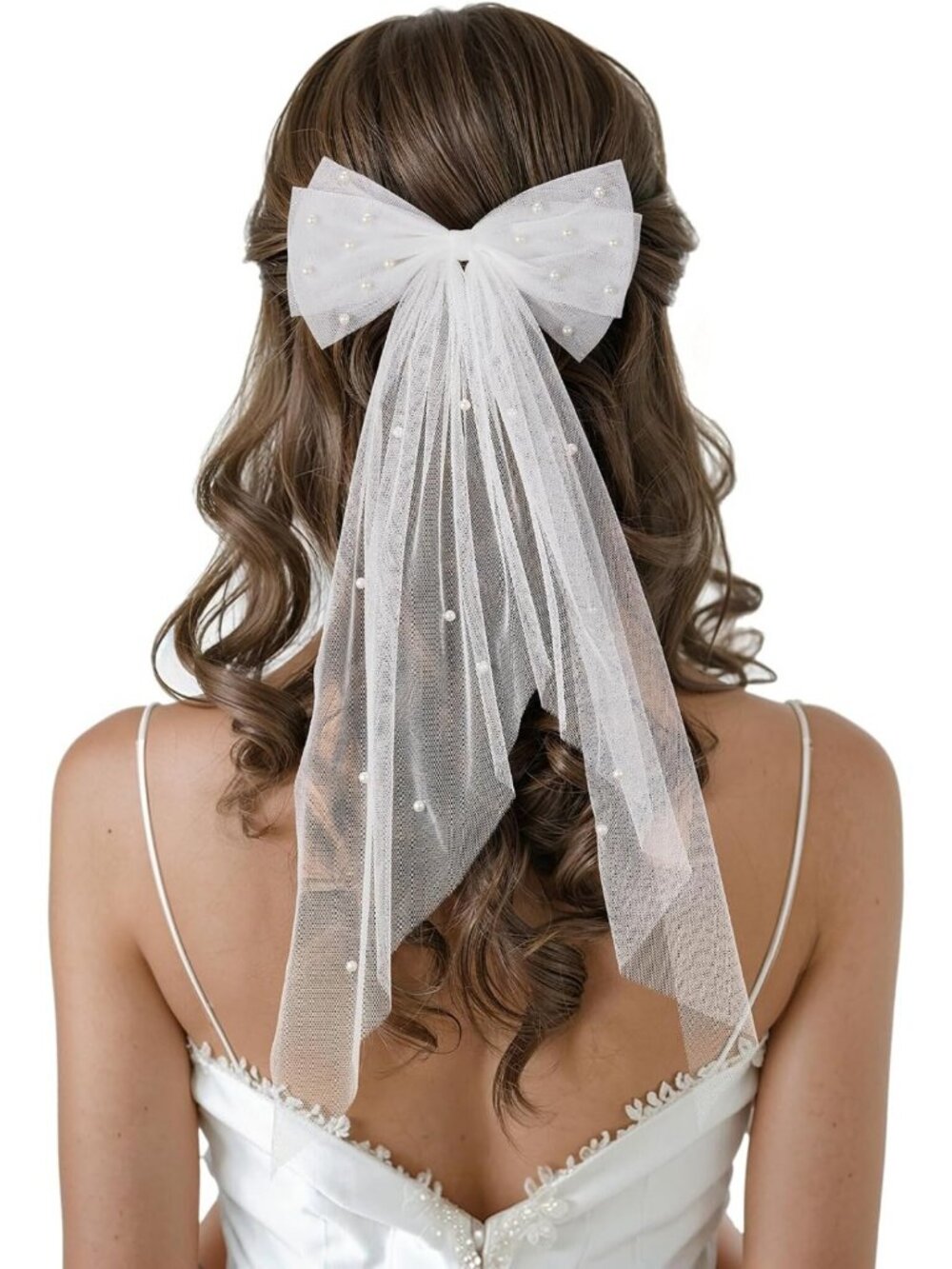 Elegant Bridal Hair Bow Veil Clip | White Pearl Accessories for Bachelorette